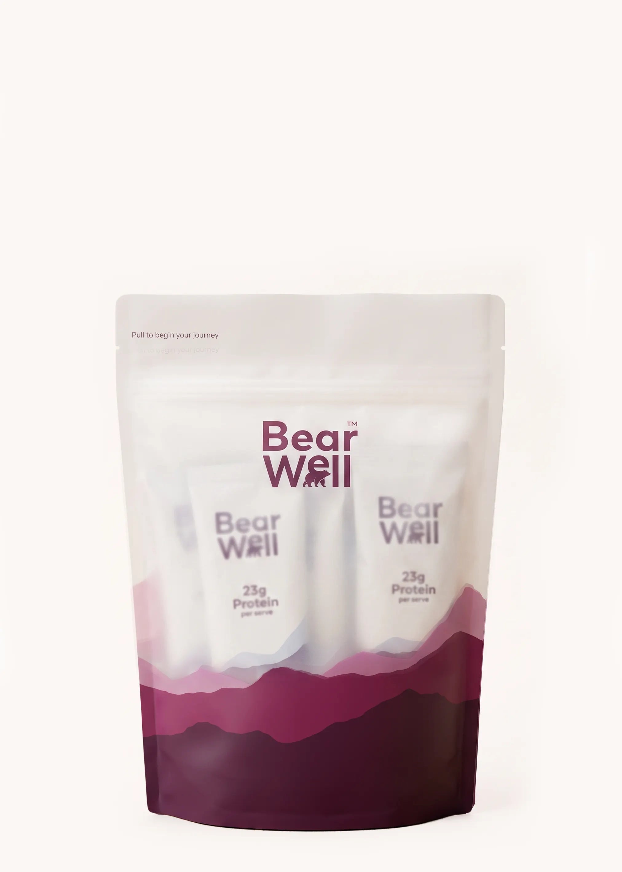 A 7x30g Travel Sachet Pack of BearWell Whey Protein Concentrate, Smooth Vanilla flavour, 23g of Protein each serve with the product branding and information visible.