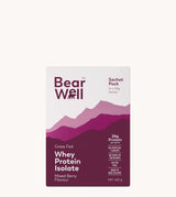 A 14x30g Sachet Pack of BearWell Whey Protein Isolate, Mixed Berry flavour, 26g of Protein each serve with the product branding and information visible.