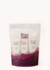 A 7x30g Travel Sachet Pack of BearWell Whey Protein Isolate, Mixed Berry flavour, 26g of Protein each serve with the product branding and information visible.