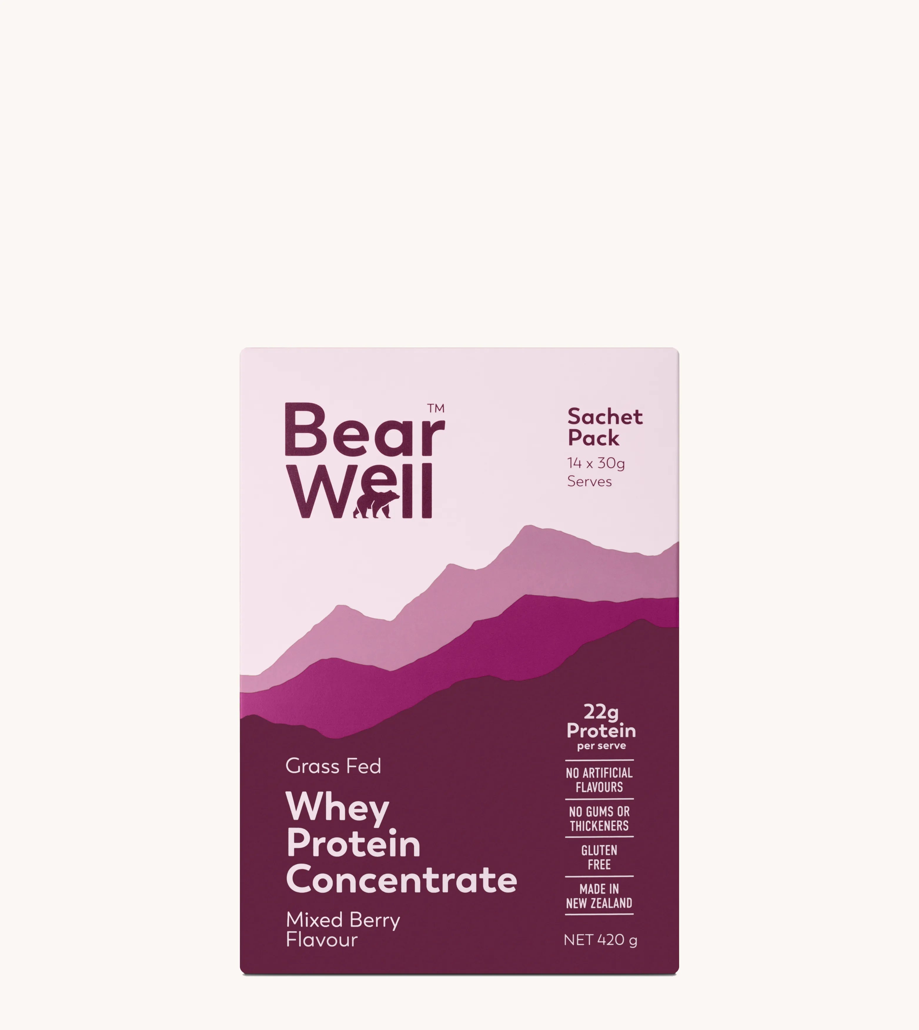 A box of BearWell Whey Protein Concentrate in Mixed Berry flavour with 14 individual sachets, prominently displaying the product name, information and branding